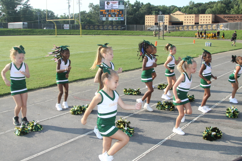 The Southwest Little Chargers cheerleaders, perform during the Cleveland County Football League Kick-Off Jamboree.    